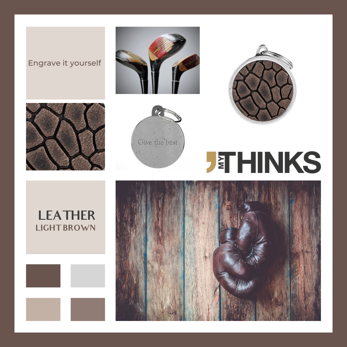 Mood board Leather collection gifts with dark brown leather charm personalized for the perfume and jewellery market