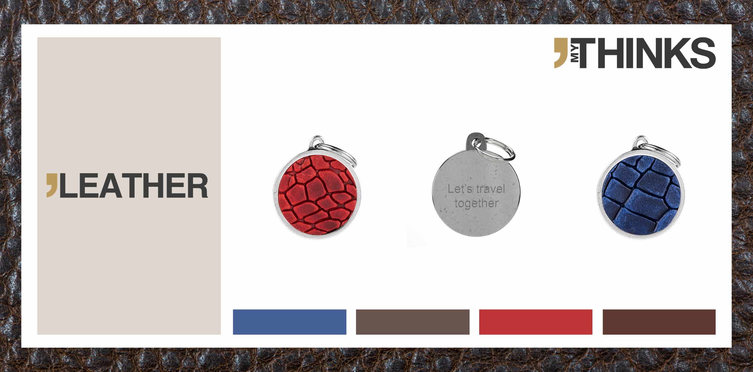 3 personalized gifts in geniune Toscanian leather on antique silver finish zamak from Leather collection : red circle charm, circle back side personalized with diamond engraving, blue circle tag